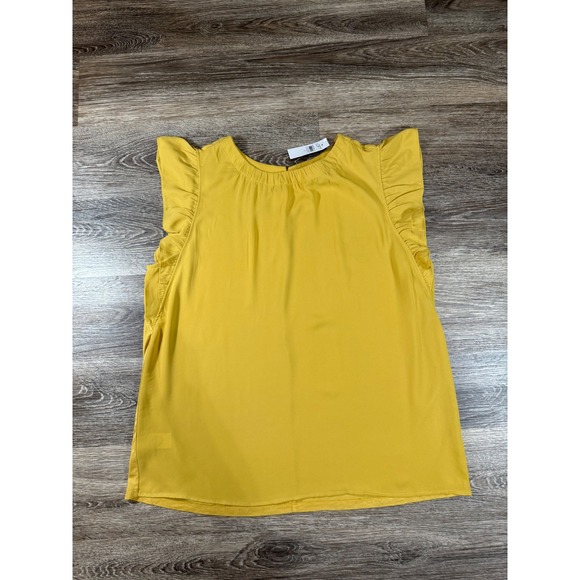 LOFT Tops - New Loft‎ Blouse Women's M Yellow Mustard Short Ruffled Sleeves Pleated Neckline